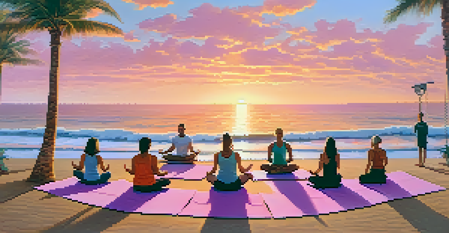 Participants meditating in a circle on a beach during sunrise, with a colorful sky and calm ocean waves in the background.
