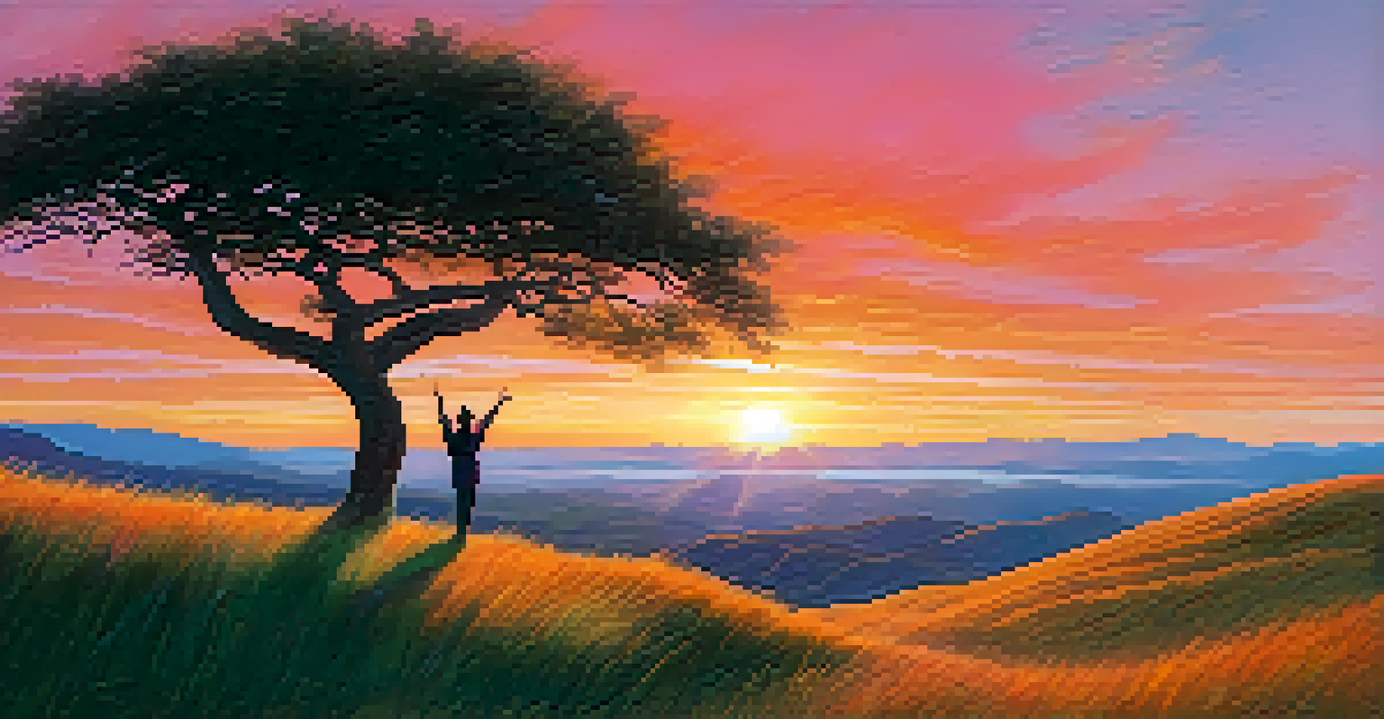 A person practicing yoga on a hilltop at sunrise, performing Sun Salutations with a colorful sky in the background.