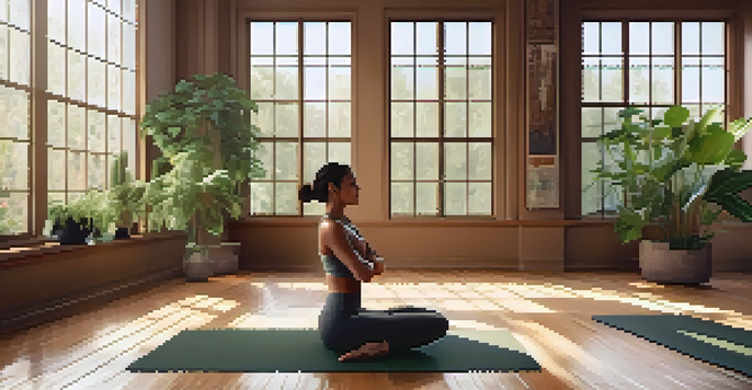 A person practicing the Warrior I yoga pose in a bright and peaceful yoga studio filled with plants and warm wooden floors.