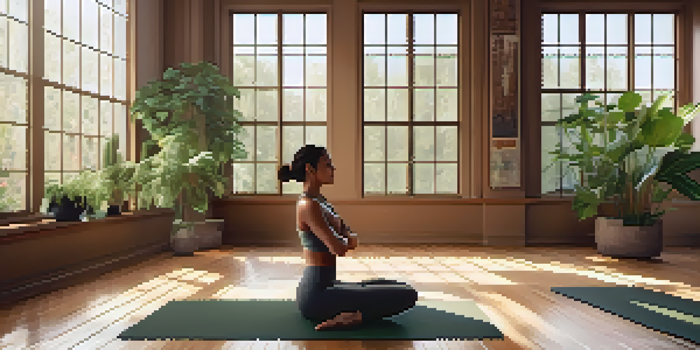 A person practicing the Warrior I yoga pose in a bright and peaceful yoga studio filled with plants and warm wooden floors.