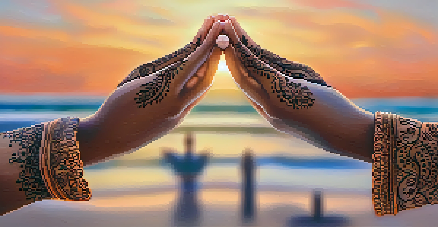 Close-up of hands in yoga mudras with henna designs, set against a calming sunset background.