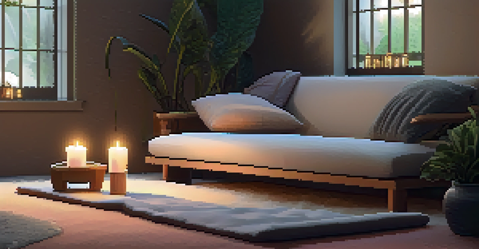 A cozy meditation space in a living room, featuring cushions, candles, and a glimpse of a garden through the window, inviting tranquility.