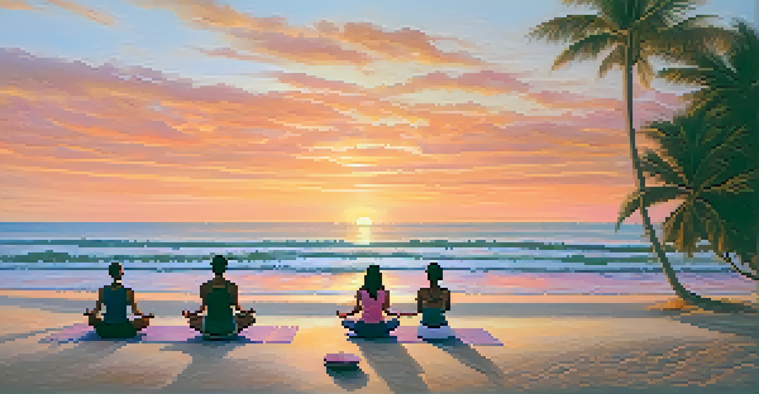 Individuals practicing restorative yoga on the beach at sunset with vibrant sky colors.