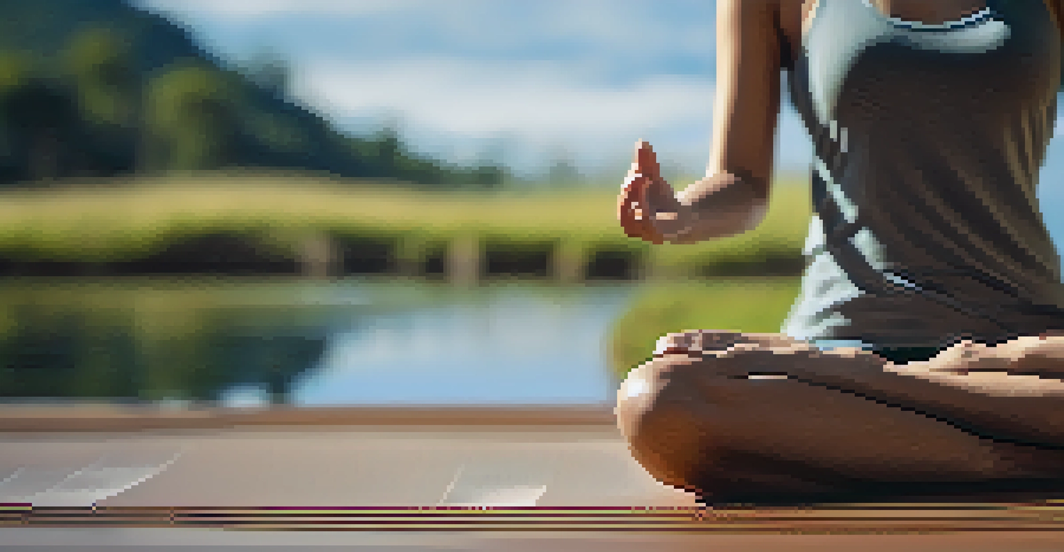 Close-up of hands in a mudra position on a yoga mat with a calm face in the background.