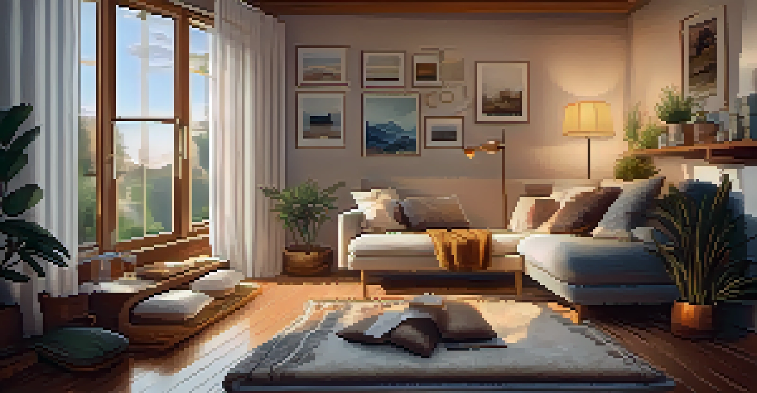 A person journaling in a cozy living room after a yoga session, with calming decor and warm lighting.