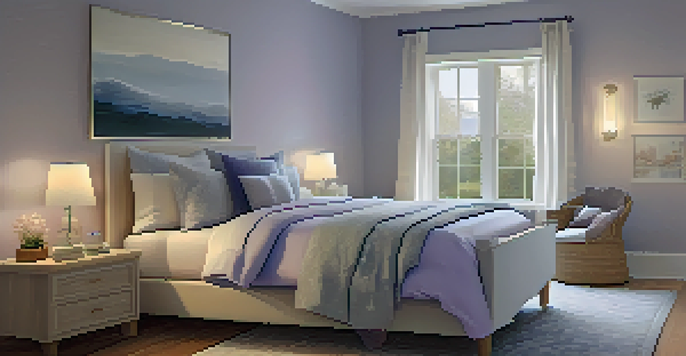A calming bedroom setting with soft colors and gentle lighting, designed to promote relaxation and sleep.