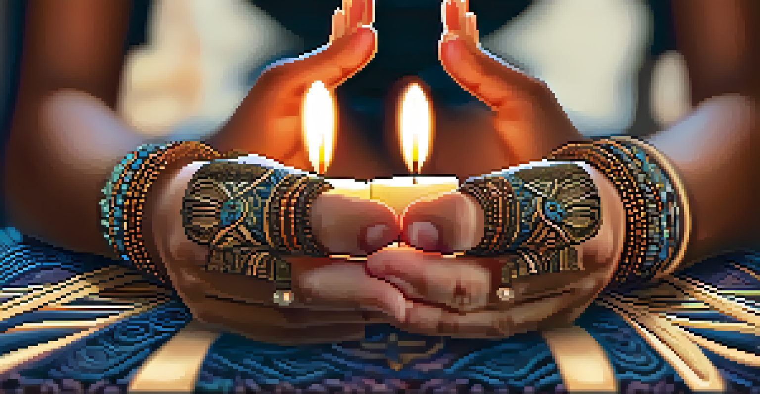 Close-up of hands in a mudra on a patterned yoga mat with candles in the background.