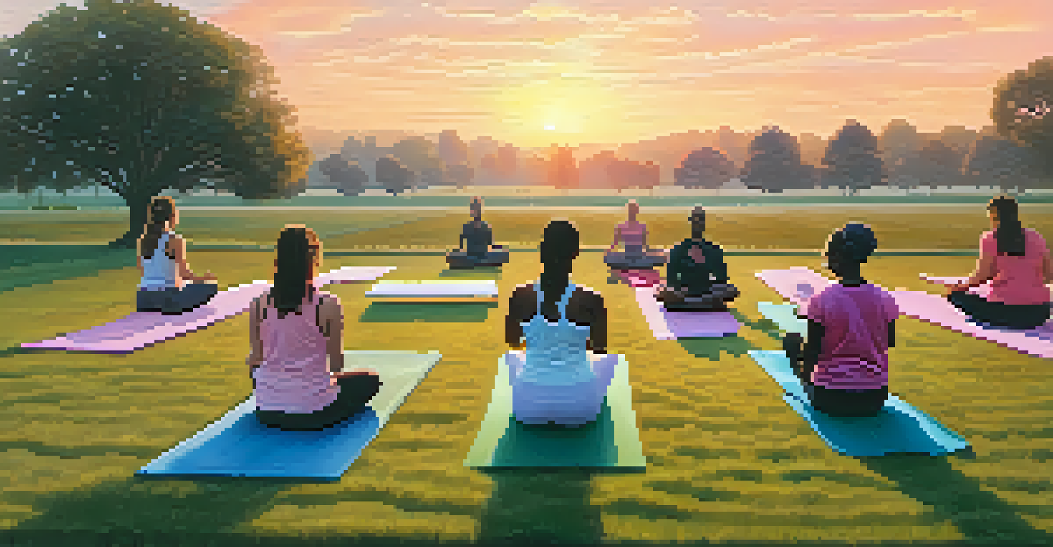 A diverse group practicing yoga outdoors at sunrise, with colorful skies and green grass.