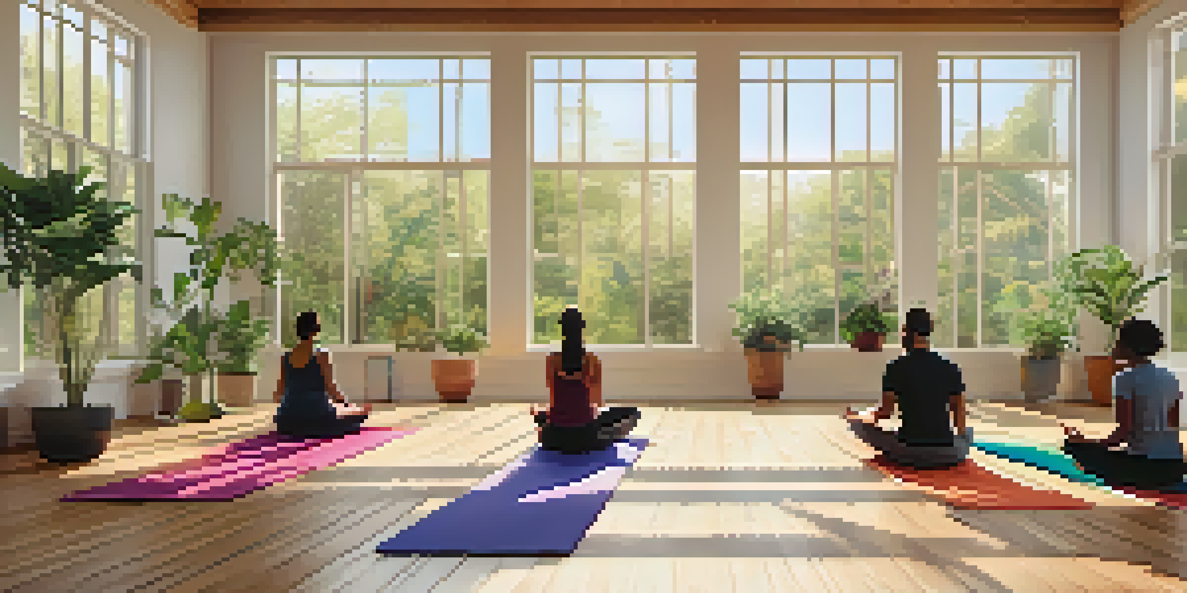 A peaceful yoga studio with sunlight, a diverse group of people practicing mindfulness on colorful mats, surrounded by nature-themed artwork and plants.