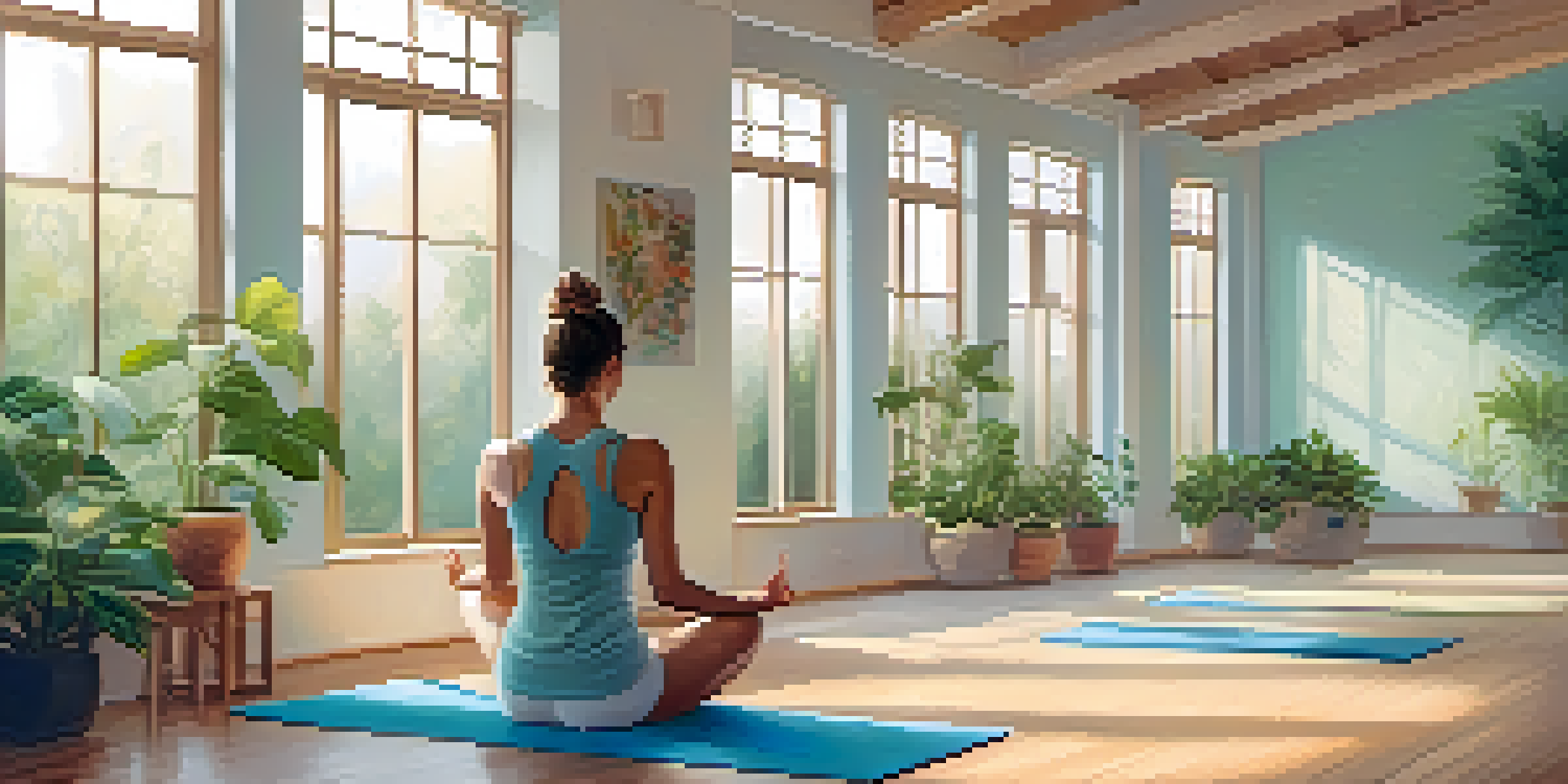 A person practicing Ujjayi breathing in a tranquil yoga studio with natural light and greenery.