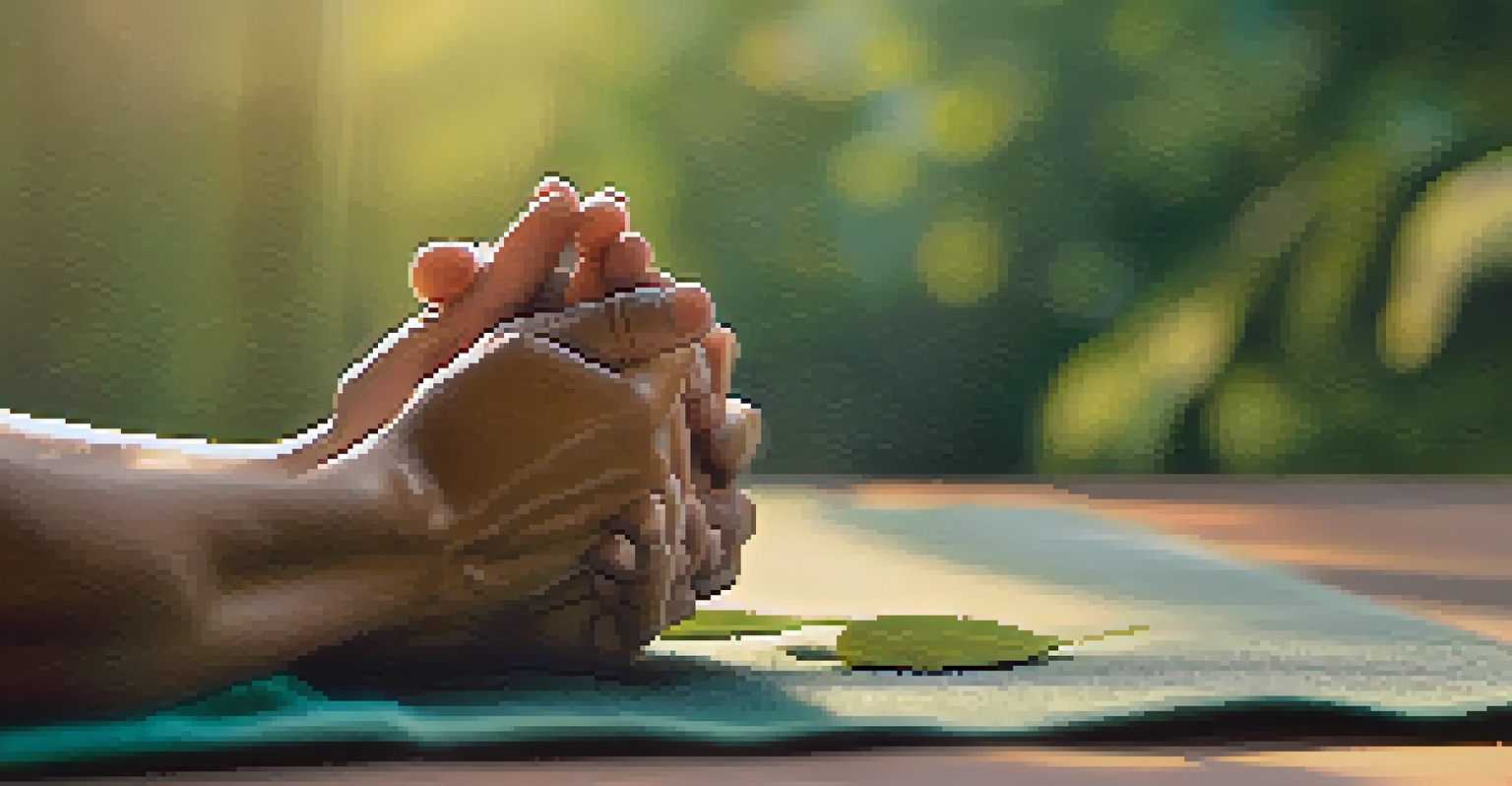 Close-up of hands in prayer position on a textured yoga mat with a blurred nature scene in the background.