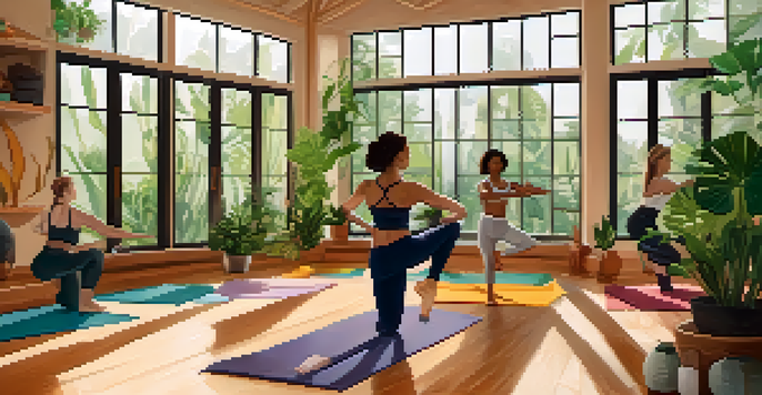A diverse group of individuals practicing yoga in a bright, peaceful studio, with a woman in a warrior pose at the center, surrounded by plants.