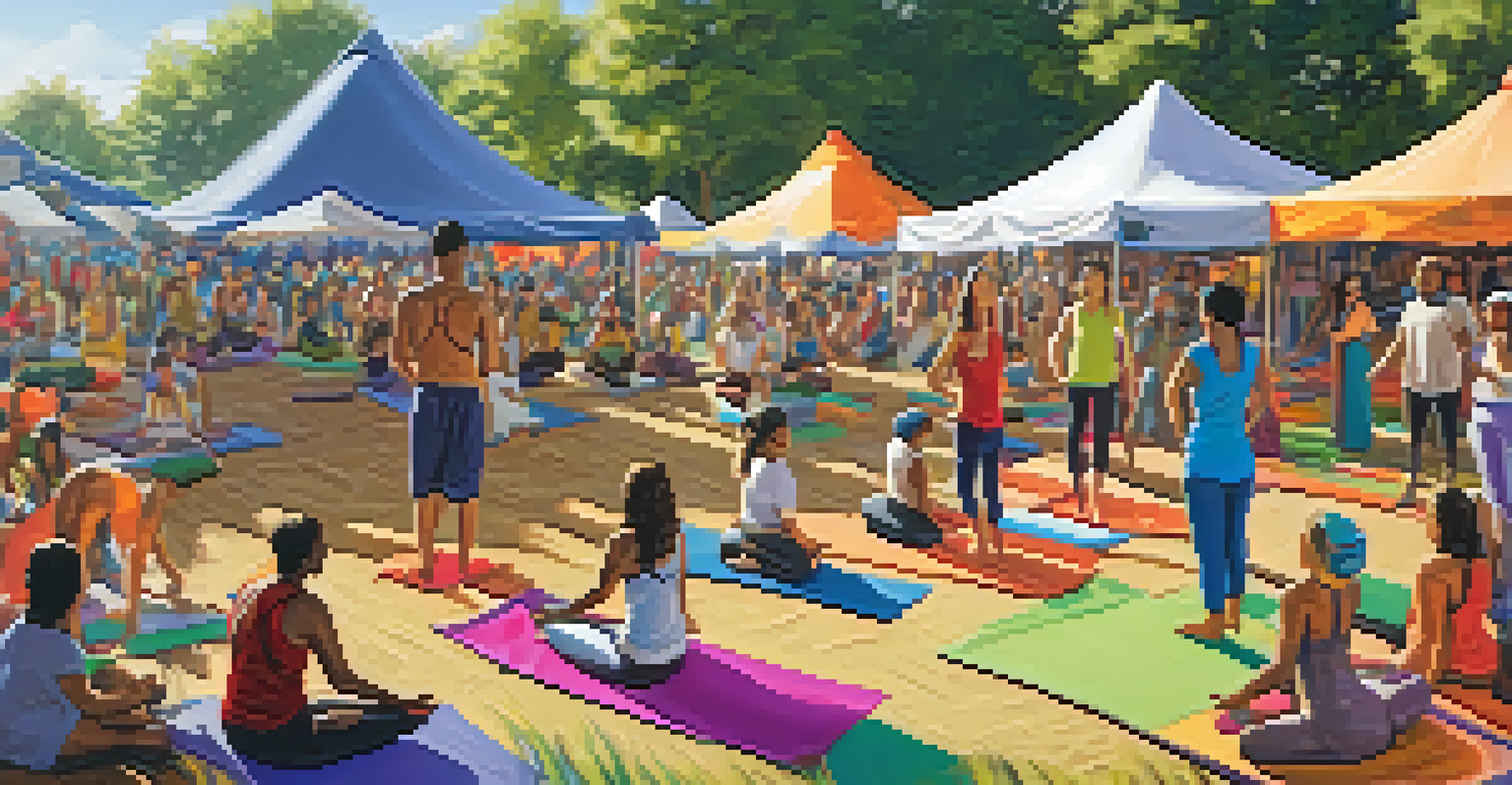 A vibrant yoga festival with people practicing yoga, colorful banners, and local artisans showcasing their crafts.