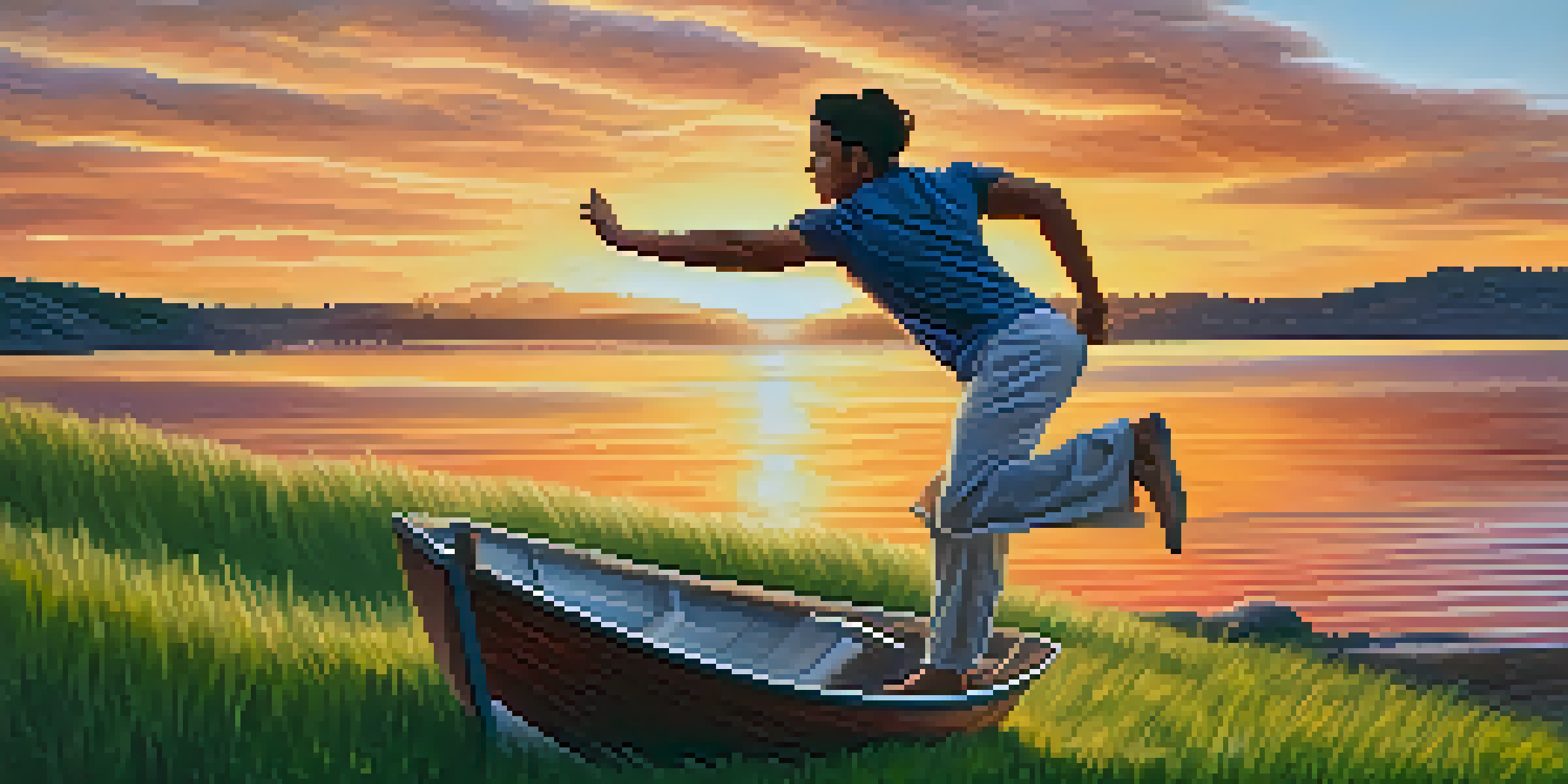 A person holding the Boat yoga pose on a grassy hill at sunset, with a vibrant sky in the background.