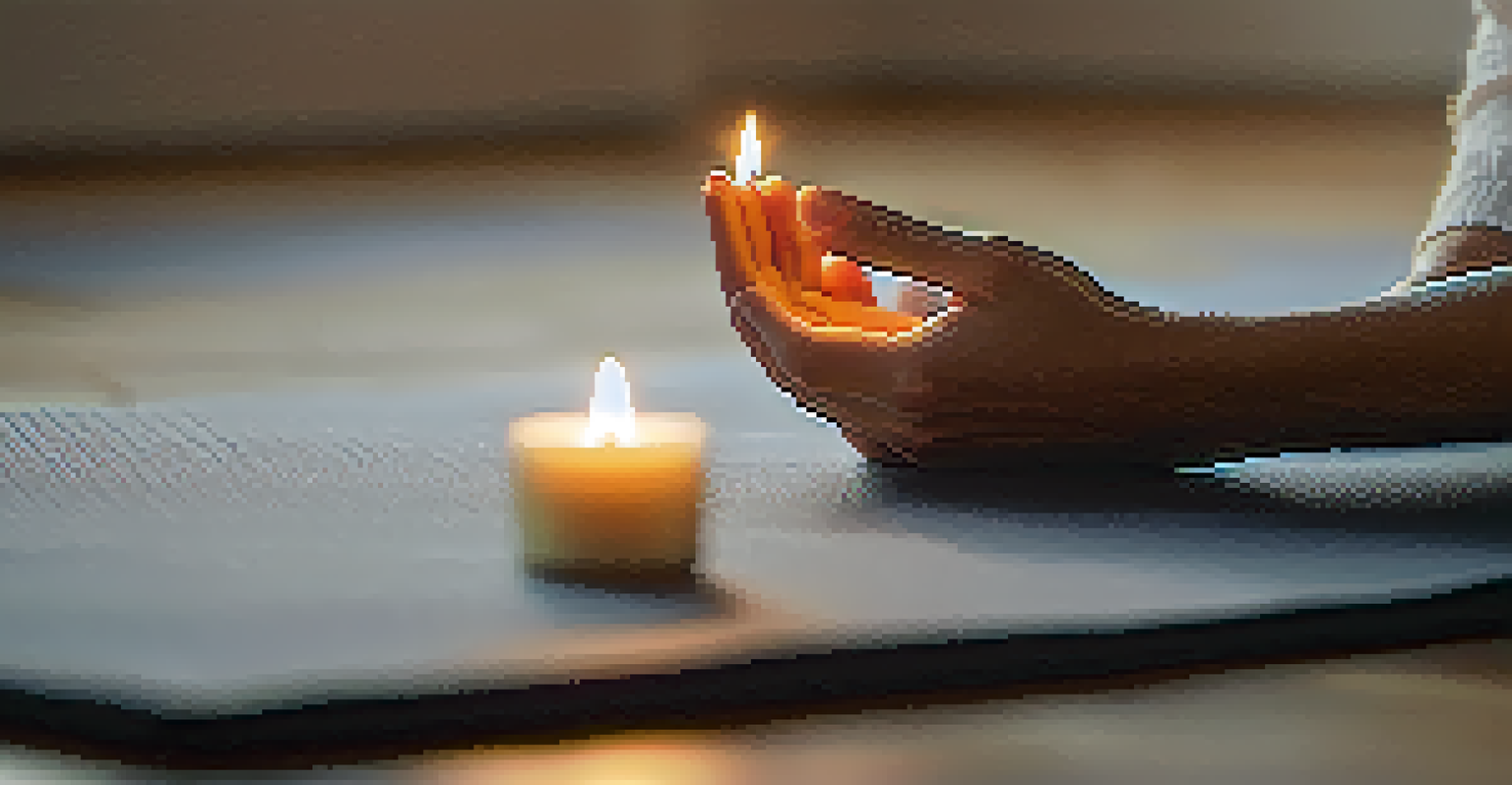 Close-up of hands in a meditative gesture on a yoga mat, with a lit candle in the background.