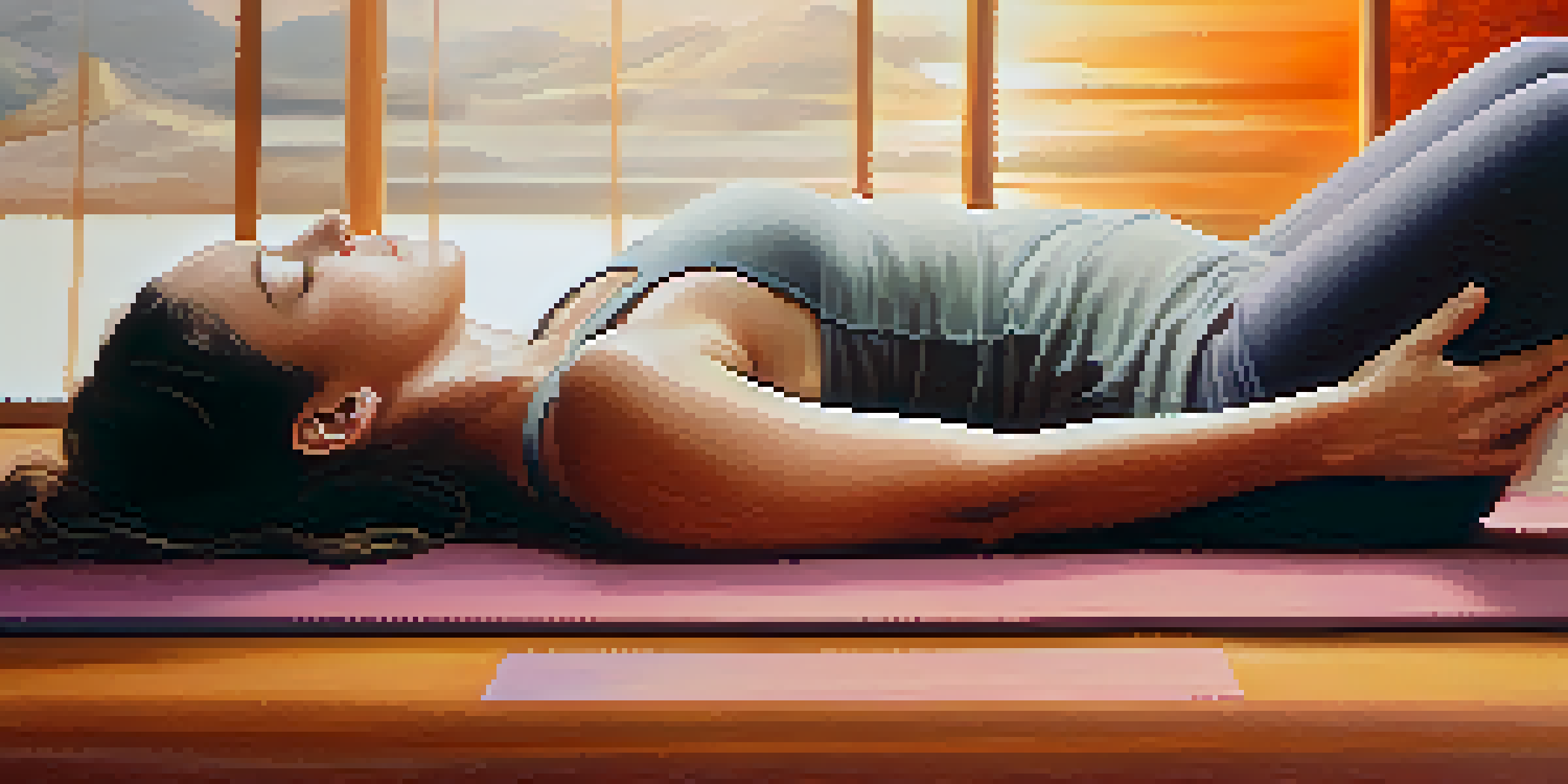 A close-up of an individual lying on a bolster with closed eyes, practicing deep breathing in a restorative yoga class.