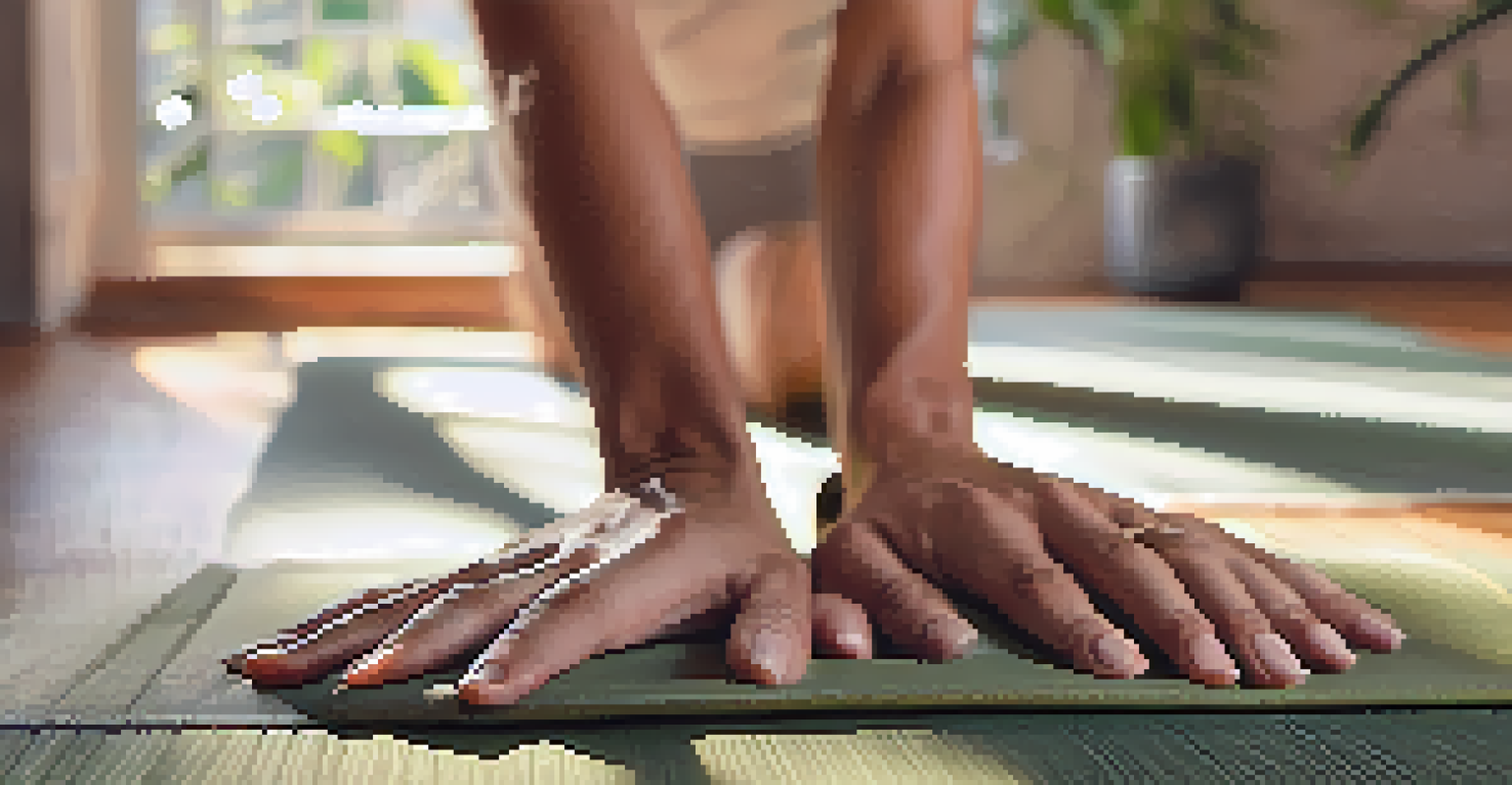 Close-up of hands in a Chaturanga yoga pose on a mat, with sunlight illuminating the scene.