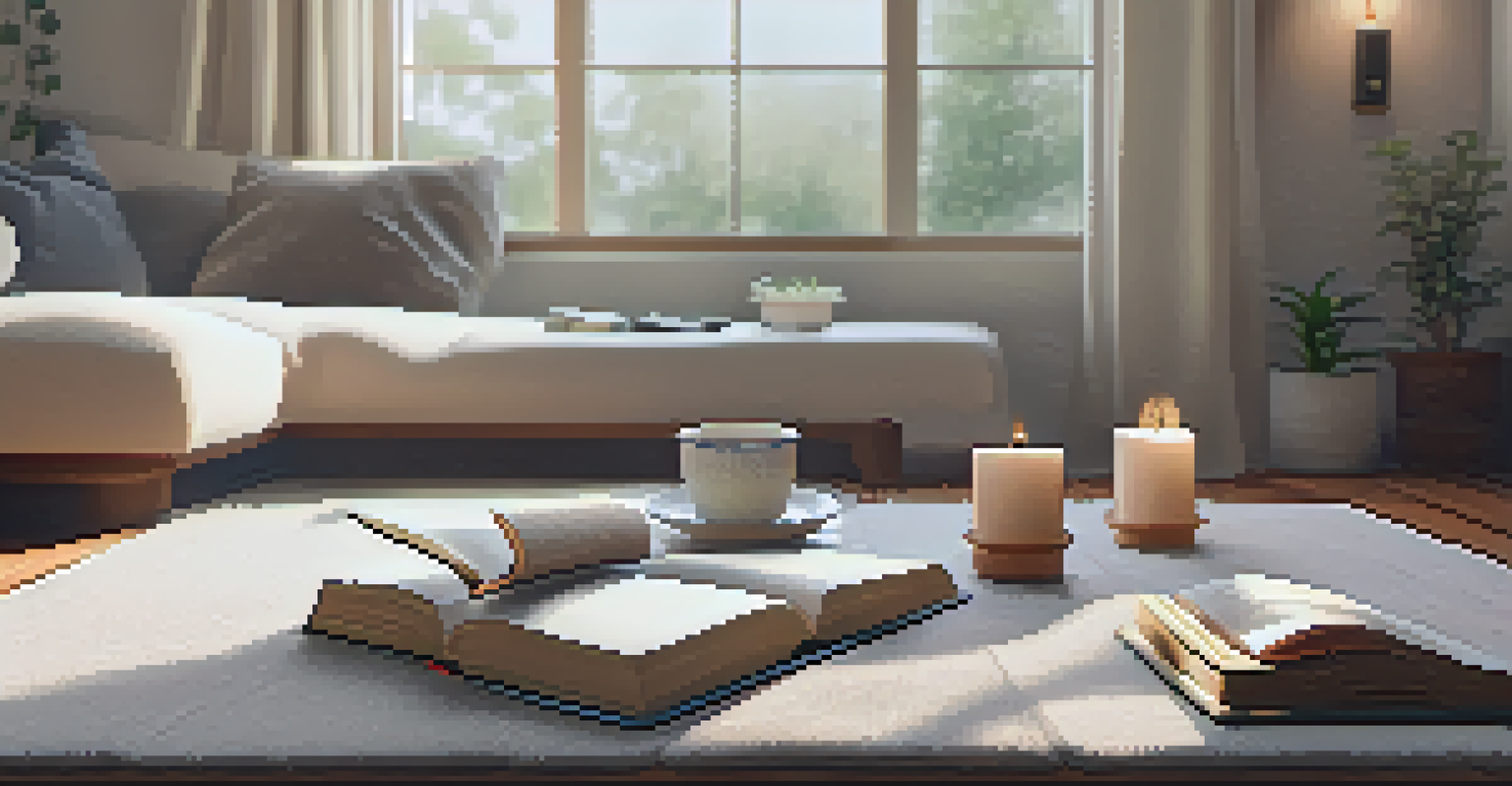 A cozy meditation corner with blankets, candles, and a journal.