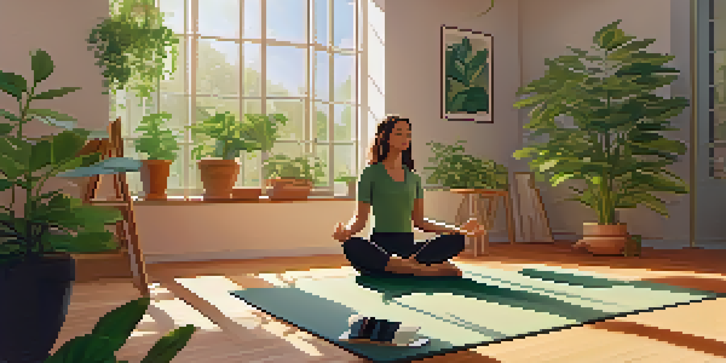 A person practicing yoga in a bright office with plants and a cup of tea, creating a calming atmosphere.