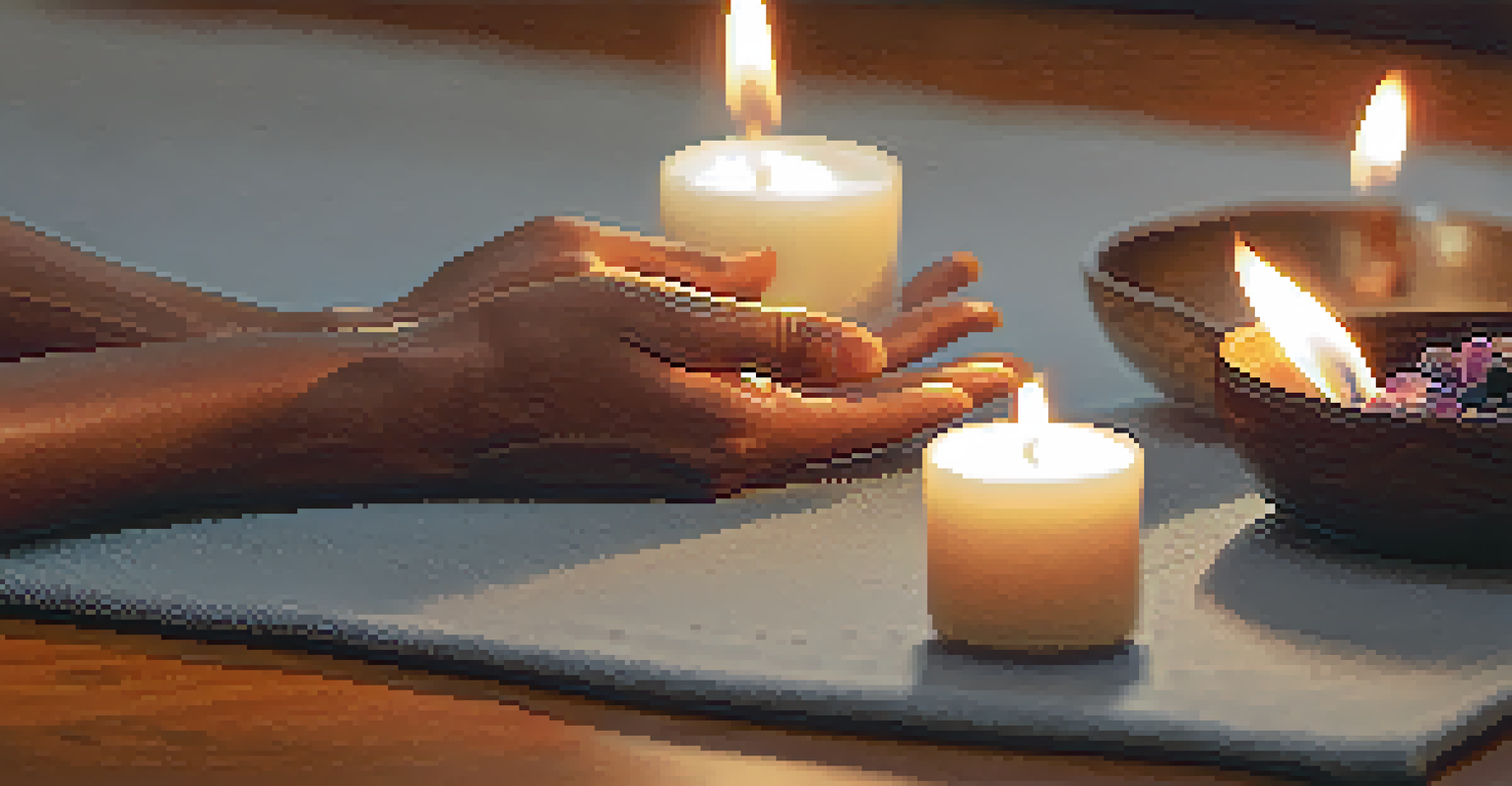 Close-up of hands in a mudra gesture on a textured yoga mat, with a candle and essential oils in a softly lit background.