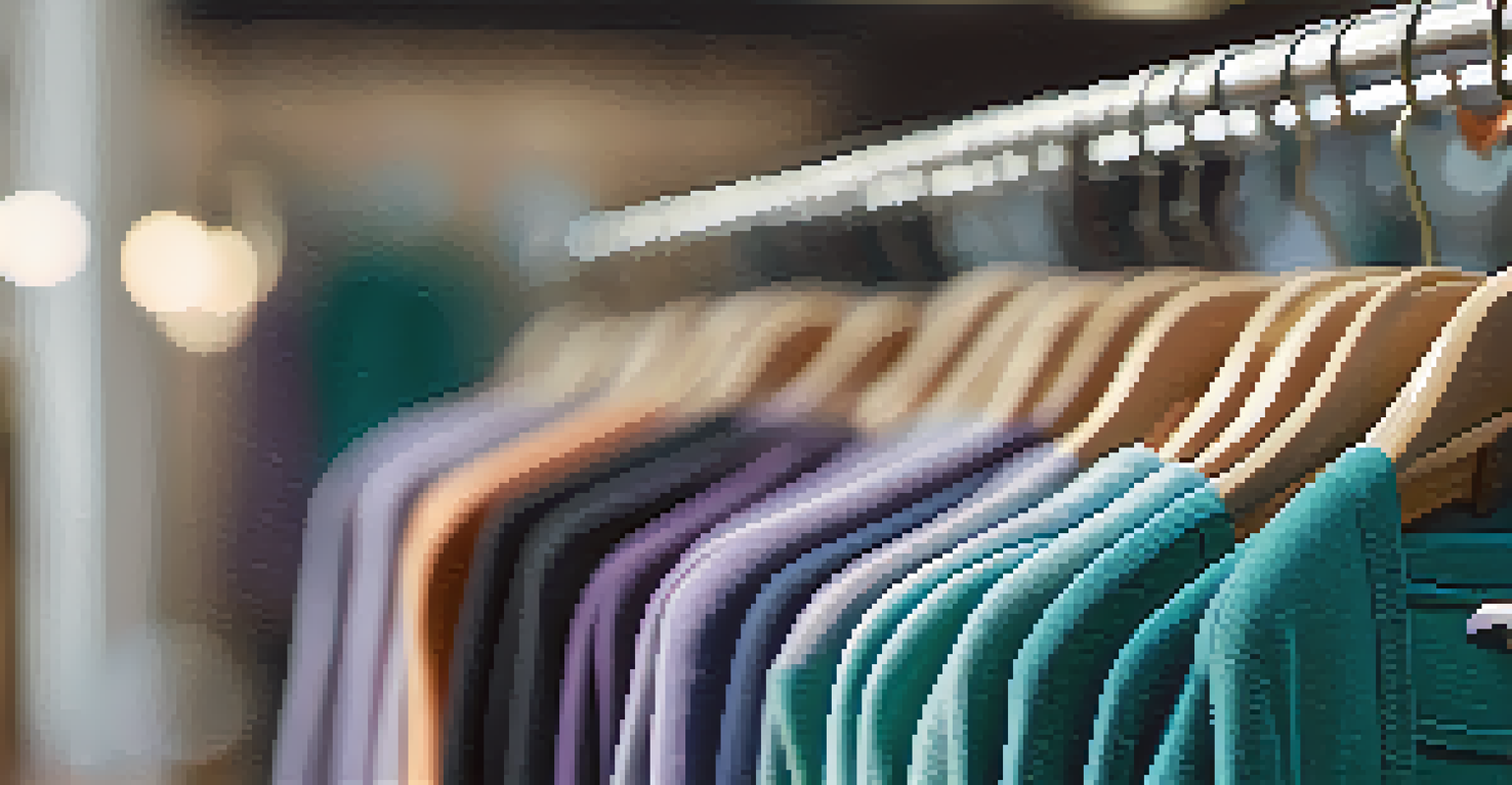 A close-up of sustainable yoga clothing on a rack, displaying tags for organic cotton and recycled materials in vibrant colors.