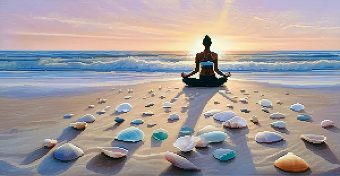 A person practicing yoga on the beach at sunrise, with waves and a soft pink sky in the background.