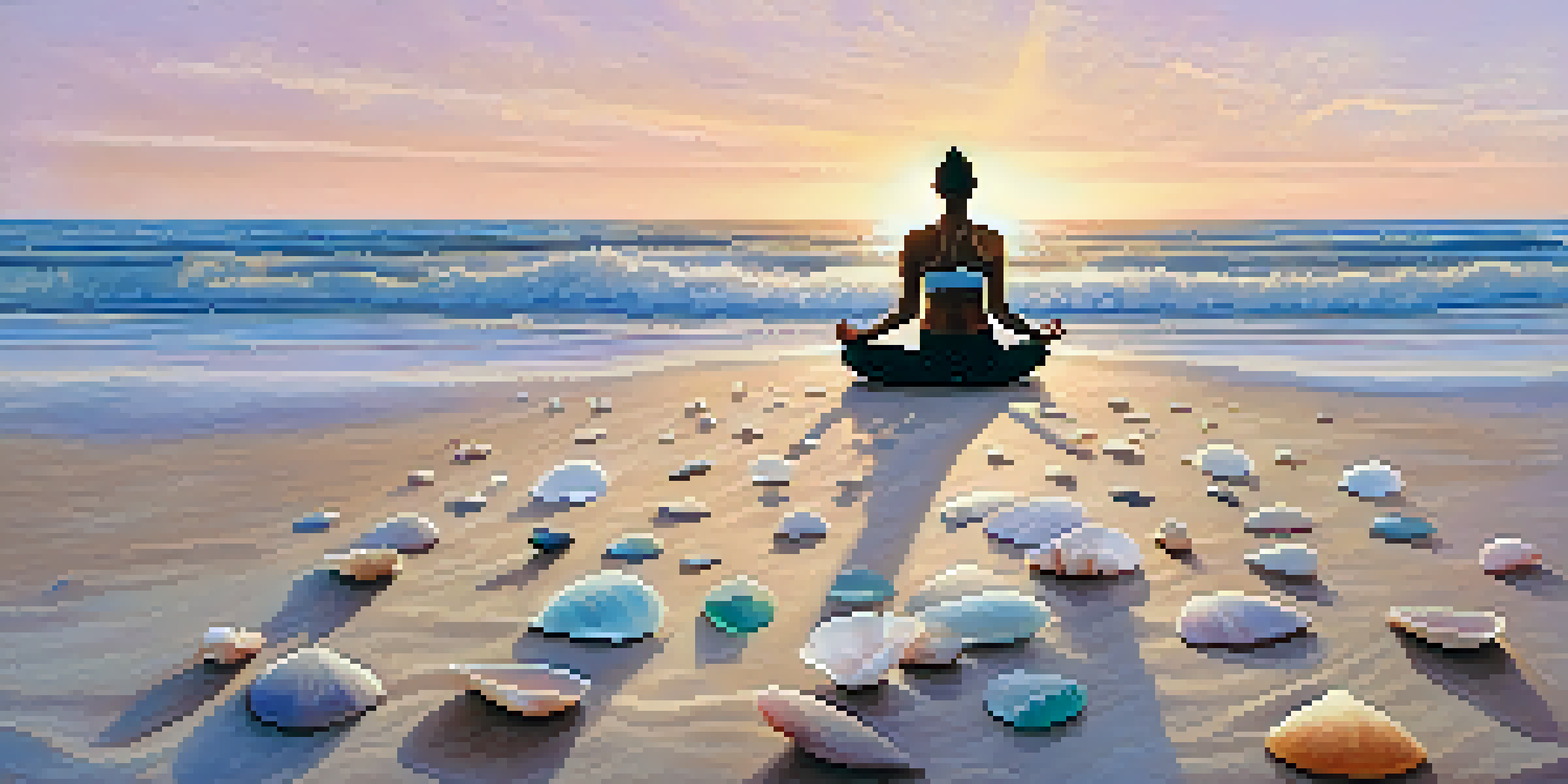A person practicing yoga on the beach at sunrise, with waves and a soft pink sky in the background.
