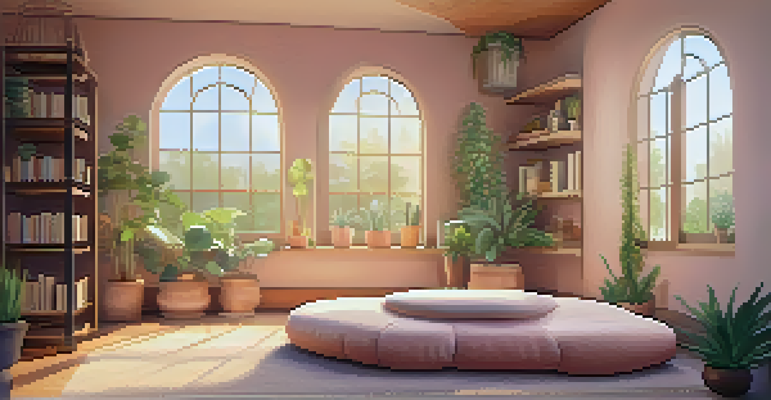 A cozy meditation corner with a cushion, soft lighting, potted plants, and a bookshelf filled with wellness books.