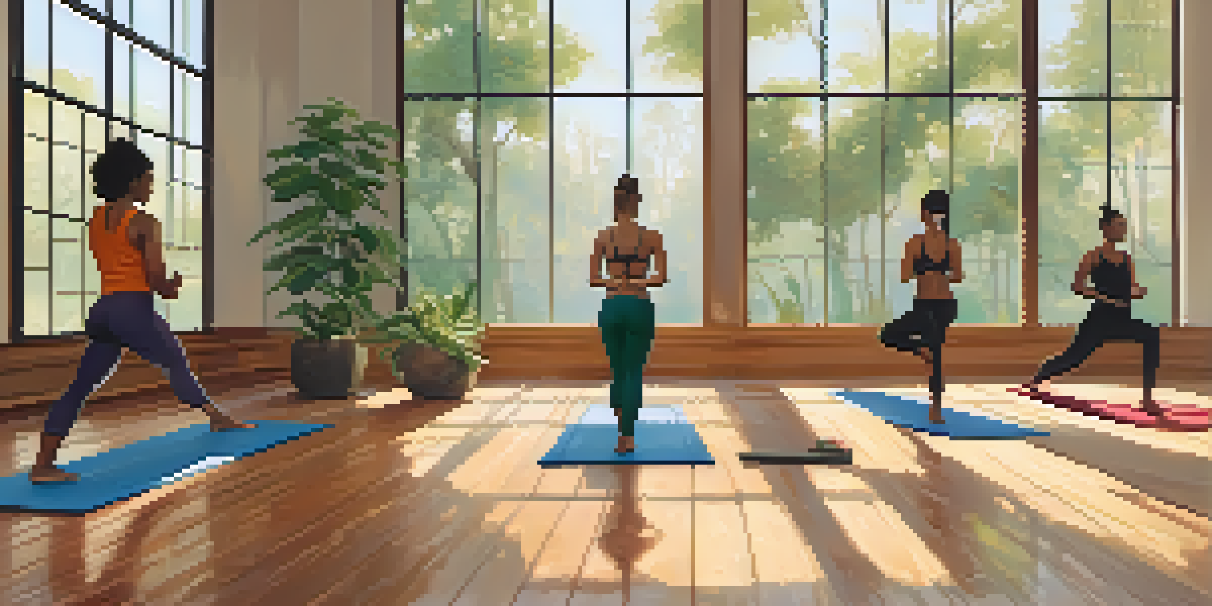 A group of diverse individuals practicing yoga in a bright and serene studio, surrounded by nature, showcasing poses like Warrior II and Tree Pose.