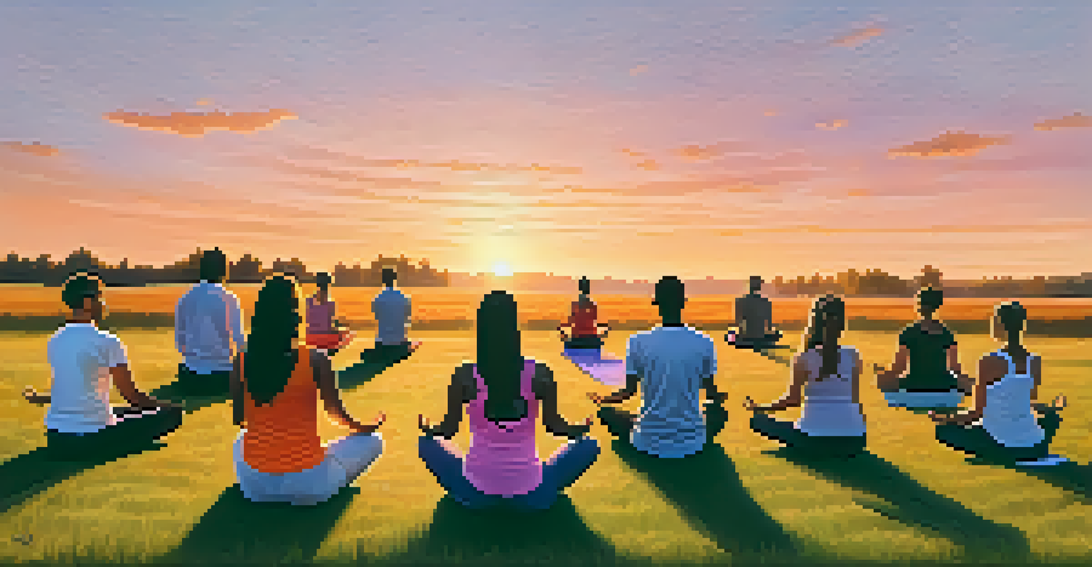 A diverse group of individuals practicing yoga outdoors at sunset, surrounded by a vibrant sky and lush greenery.