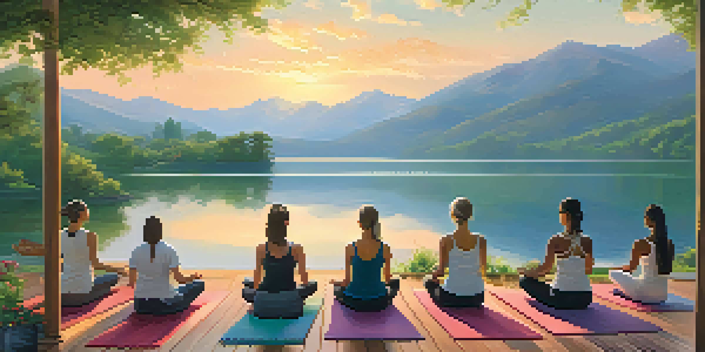 A peaceful scene of a yoga retreat with people practicing yoga on a wooden deck by a calm lake, surrounded by mountains and flowers at sunrise.