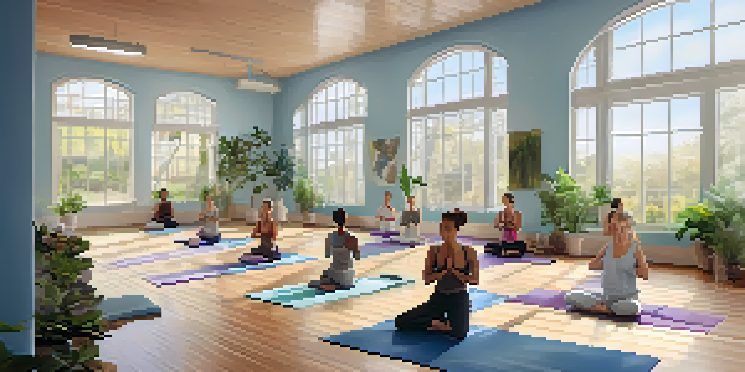 A peaceful yoga studio filled with natural light, featuring a diverse group practicing yoga poses on mats surrounded by plants.
