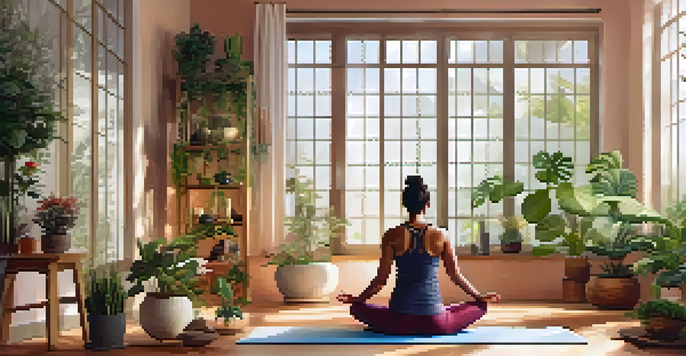 A person practicing mindfulness yoga in a peaceful studio filled with plants and calming decor.