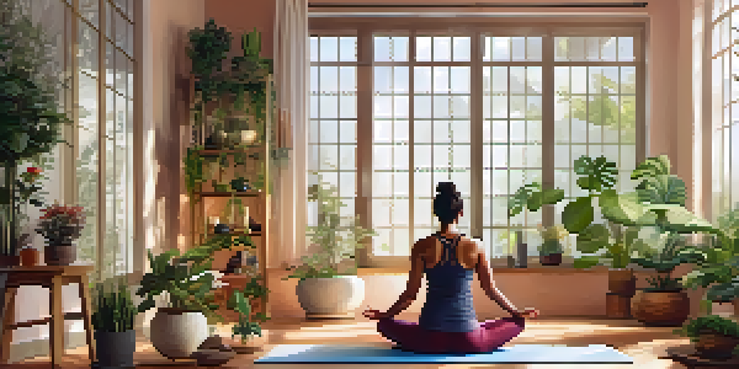 A person practicing mindfulness yoga in a peaceful studio filled with plants and calming decor.