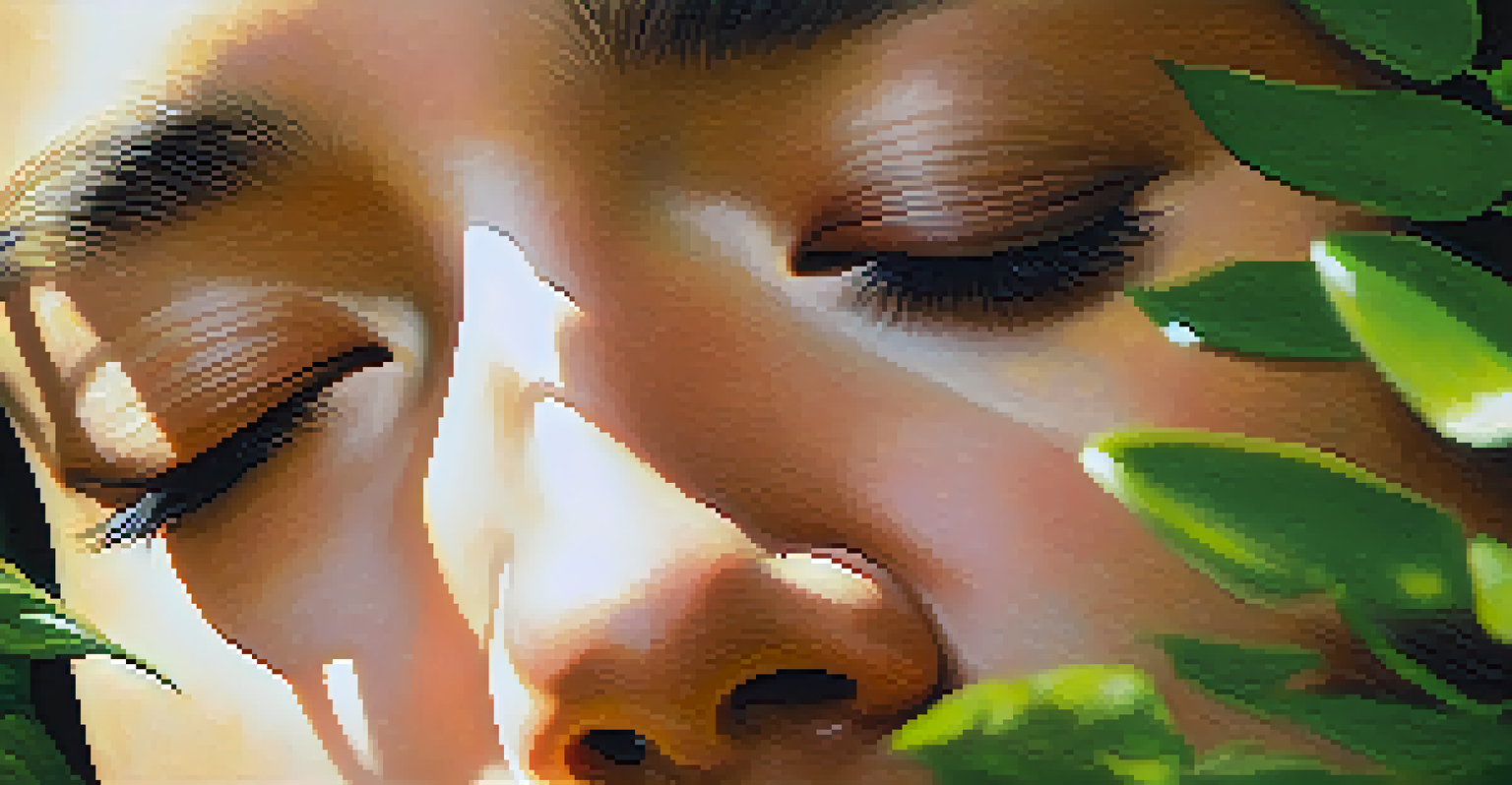 A close-up of a person practicing deep breathing outdoors, with sunlight filtering through greenery.