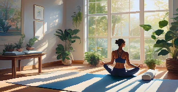 A person practicing yoga in a bright and peaceful studio filled with plants and natural light.