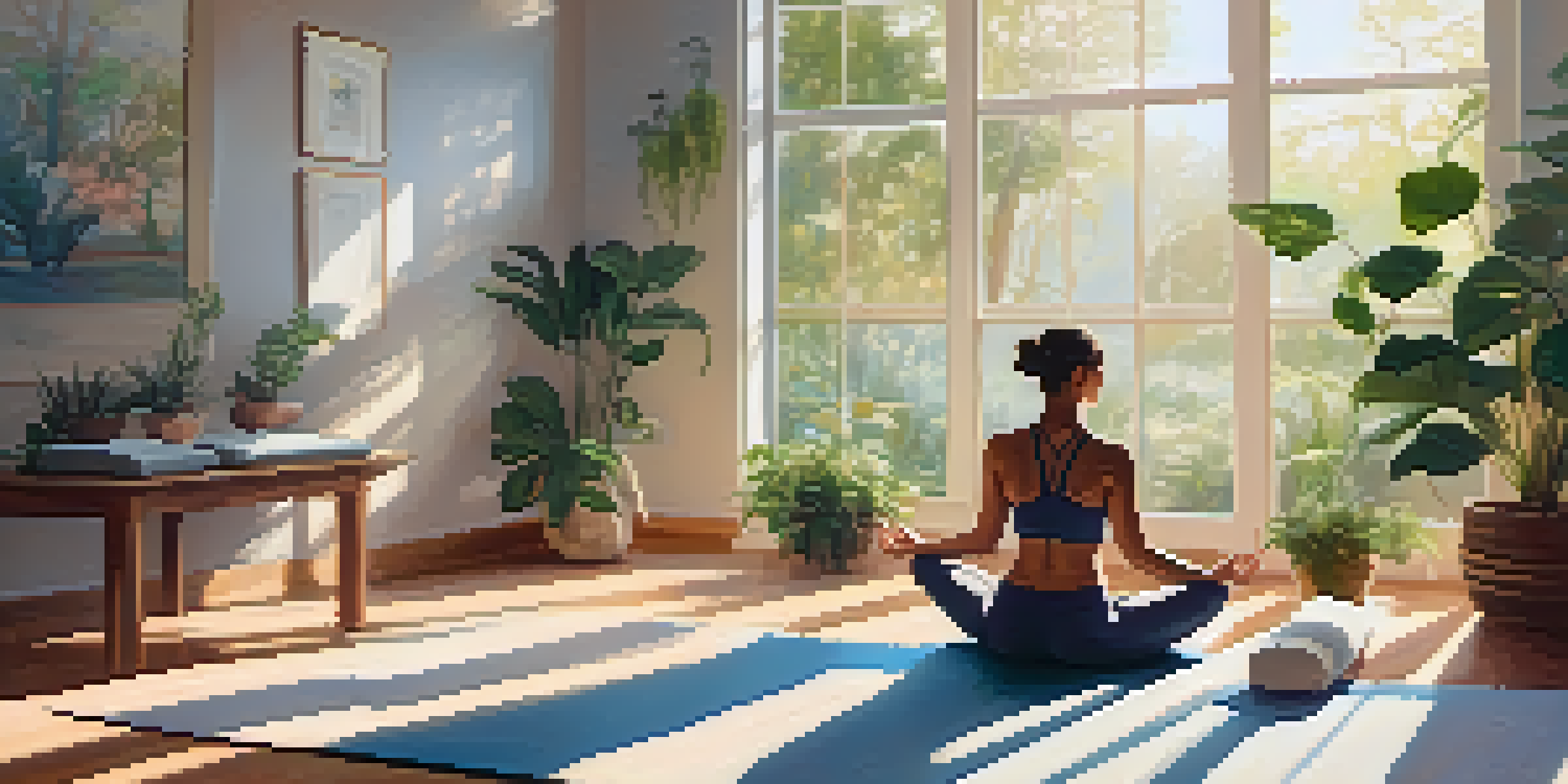 A person practicing yoga in a bright and peaceful studio filled with plants and natural light.