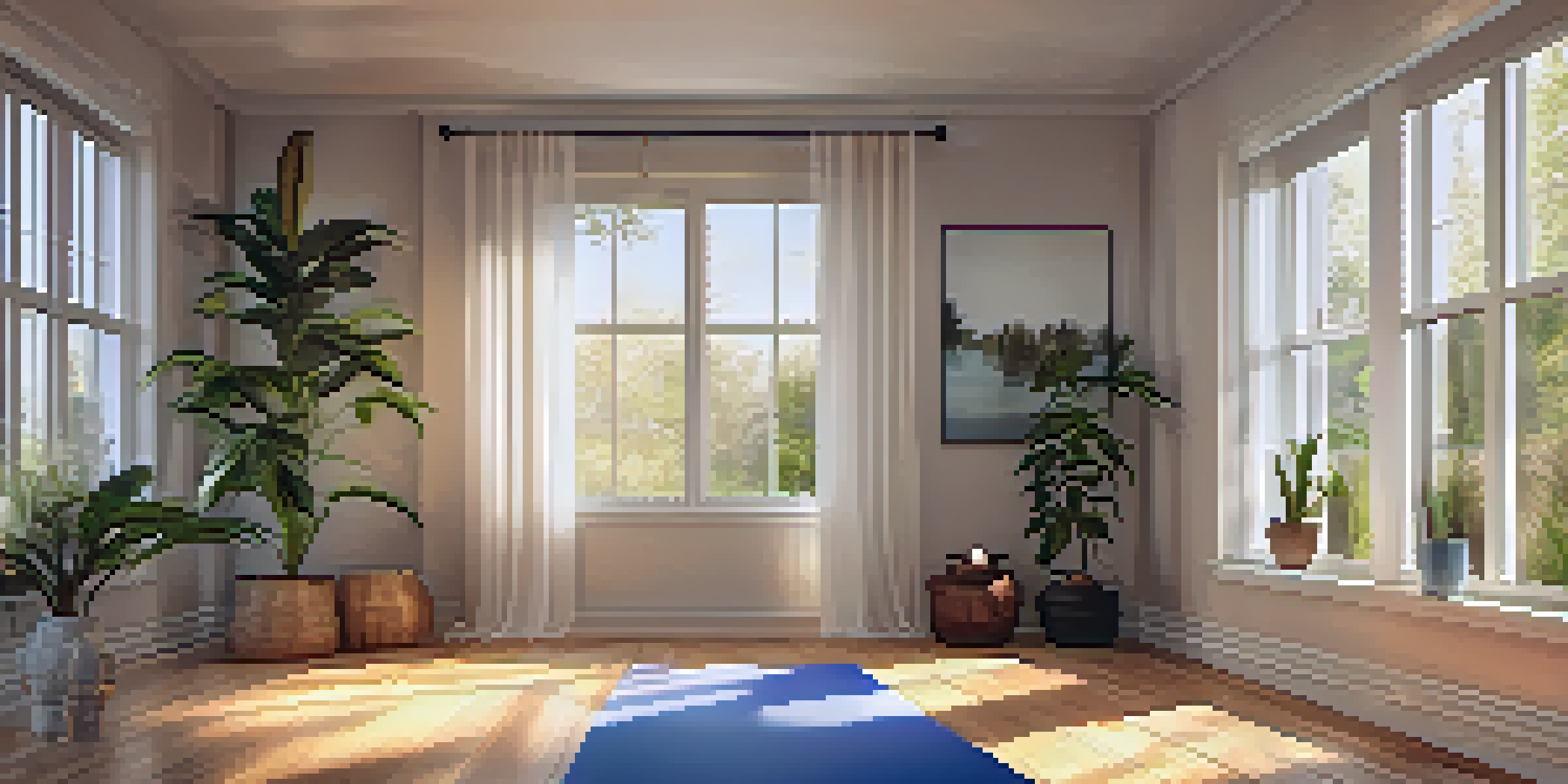 A tranquil yoga studio with wooden floors, soft morning light, and a neatly arranged yoga mat surrounded by candles and mala beads.