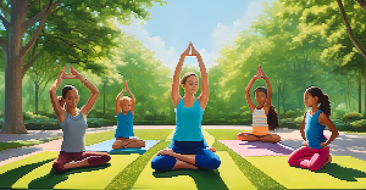 A family of five practicing a partner yoga pose outdoors in a park, surrounded by greenery and a clear sky, radiating joy and teamwork.
