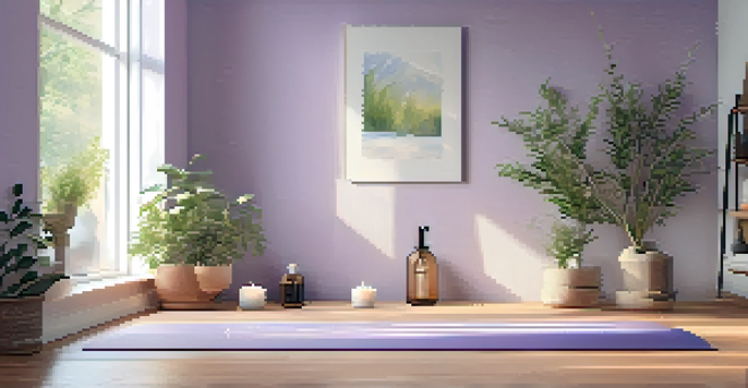 A peaceful yoga studio with a yoga mat, lavender essential oil, and a diffuser, surrounded by plants and soft light.