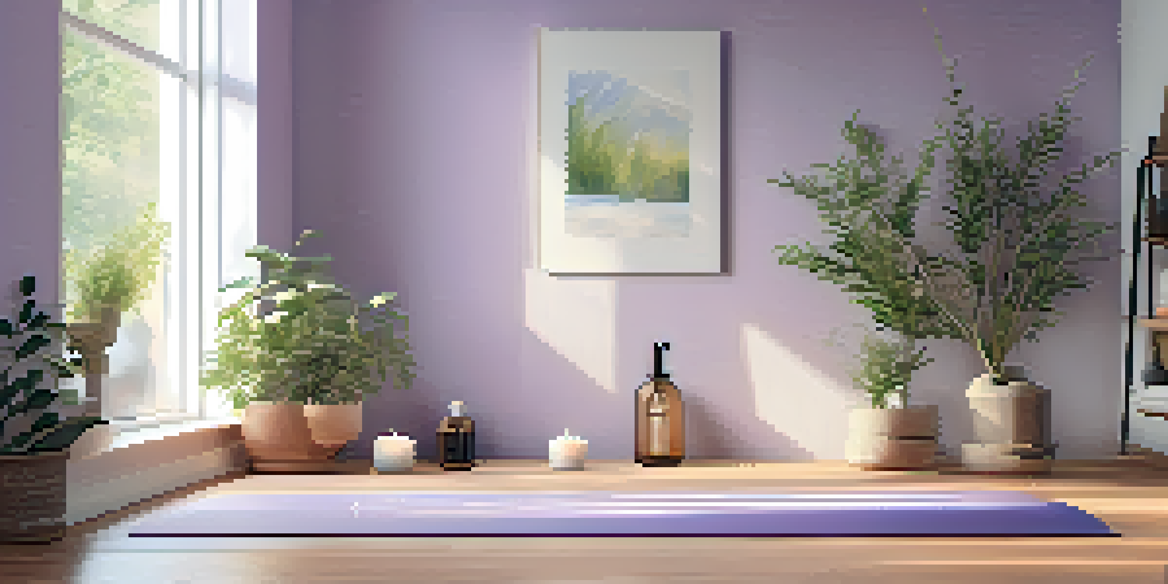 A peaceful yoga studio with a yoga mat, lavender essential oil, and a diffuser, surrounded by plants and soft light.