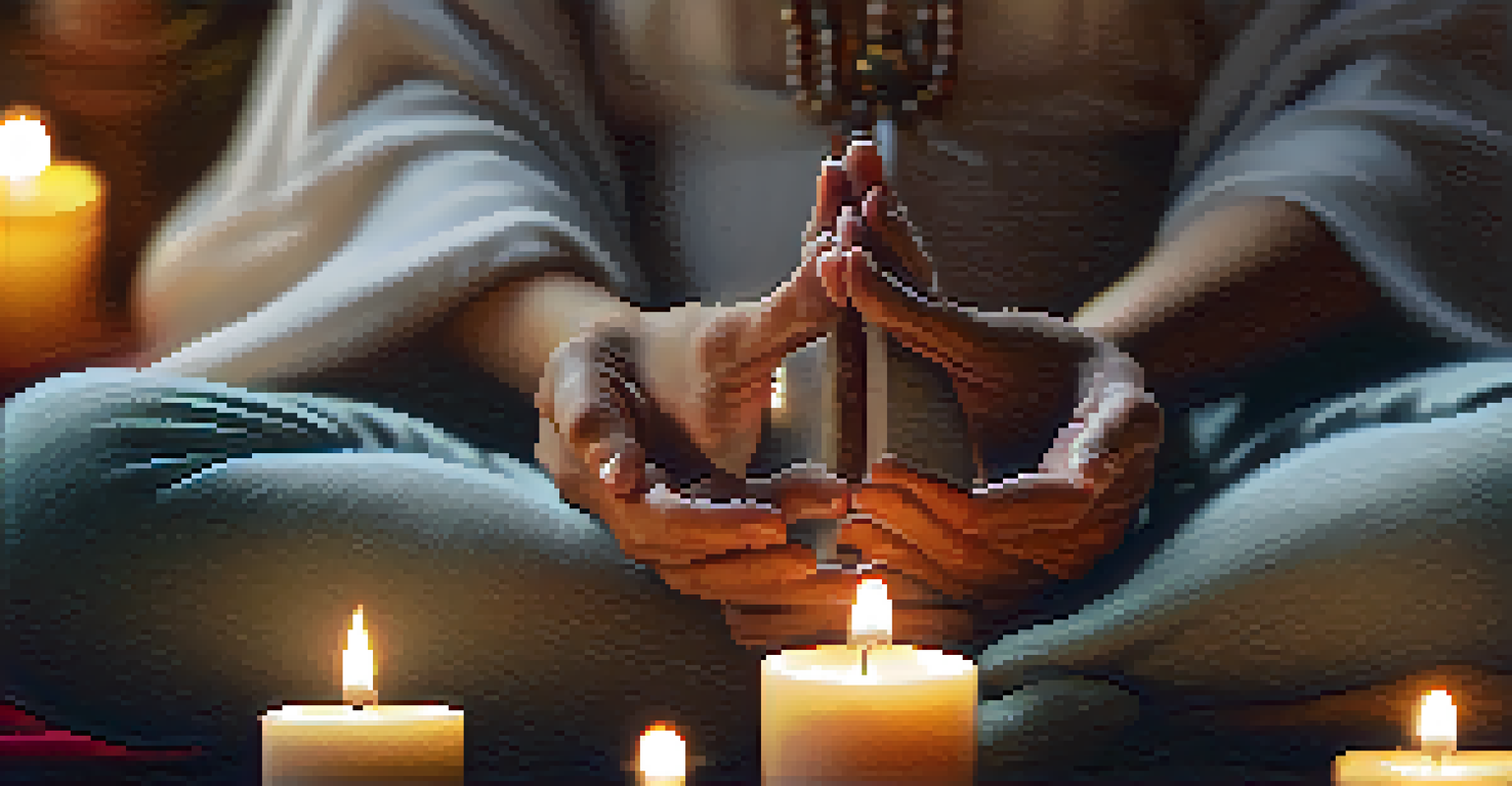 Close-up of hands in a meditation pose, with candles and incense softly blurred in the background.