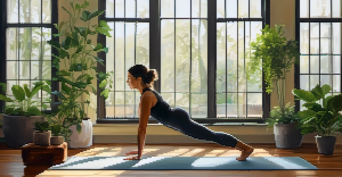 A yoga instructor performing a Plank pose in a bright studio filled with plants.