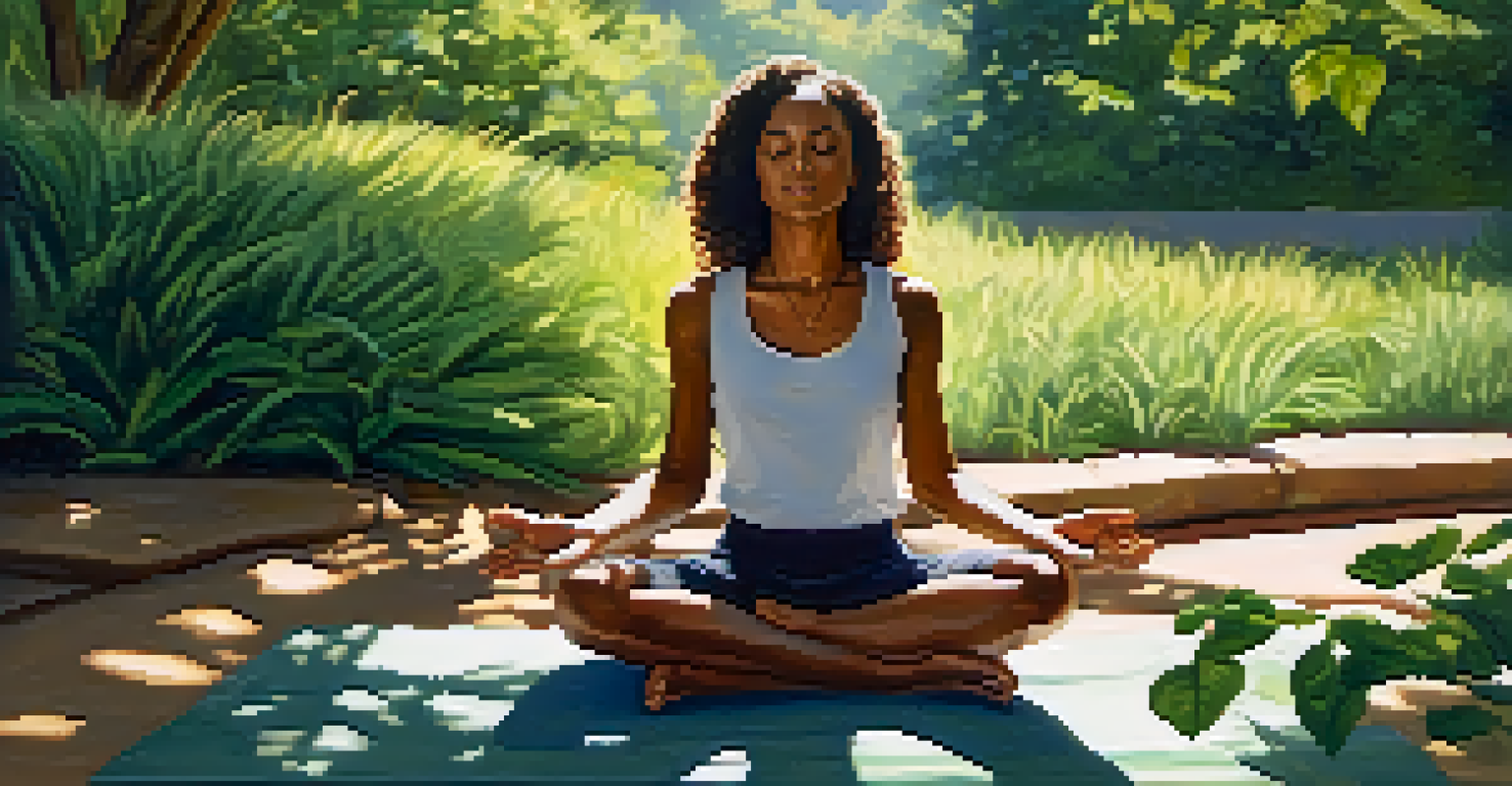 A person practicing deep belly breathing outdoors, sitting cross-legged on a mat surrounded by greenery, with a peaceful expression.