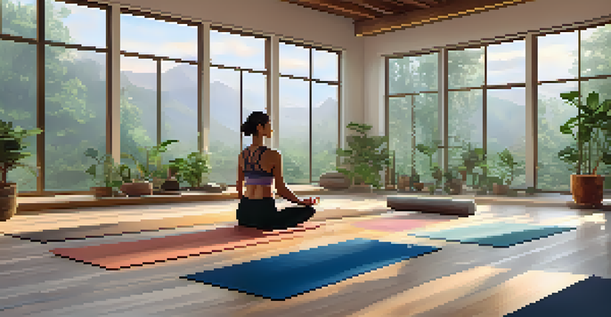 A peaceful yoga studio with natural light, colorful yoga mats, and a person practicing yoga.