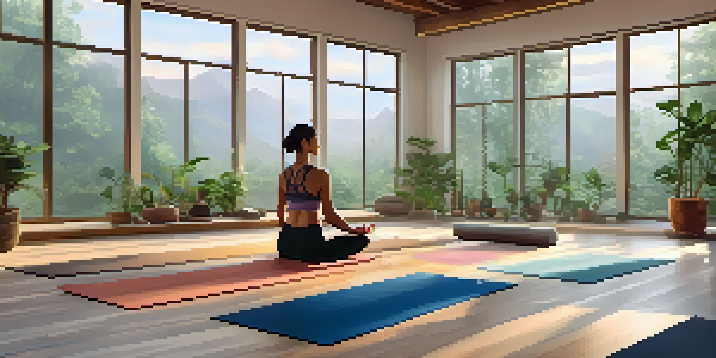 A peaceful yoga studio with natural light, colorful yoga mats, and a person practicing yoga.