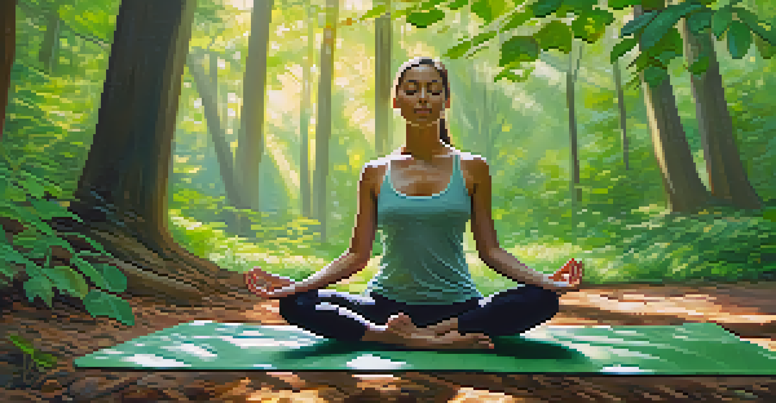 A person meditating cross-legged on a yoga mat in a forest, surrounded by greenery and sunlight filtering through leaves.