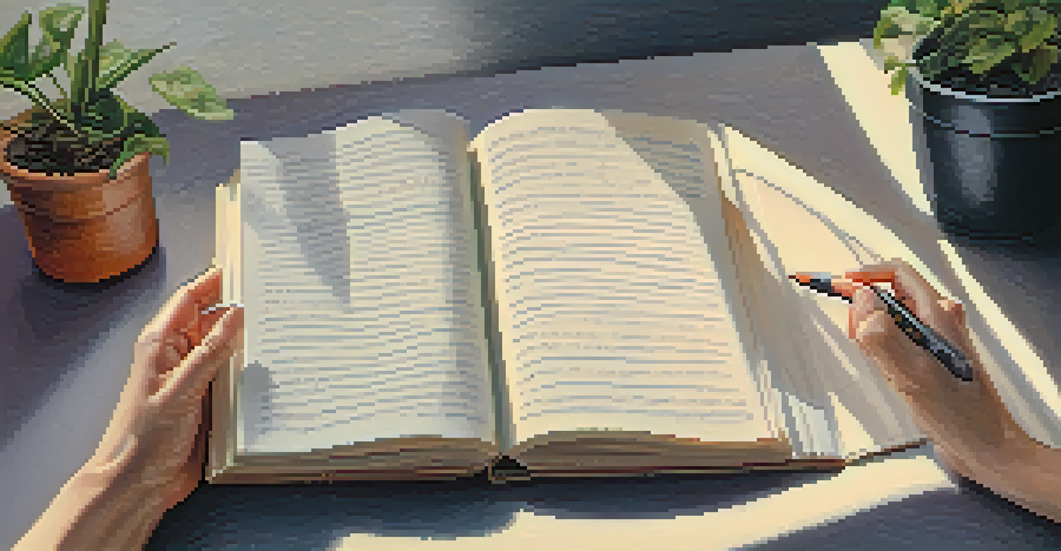 Close-up of hands holding an open journal with handwritten notes, set against a calming yoga and plant background.