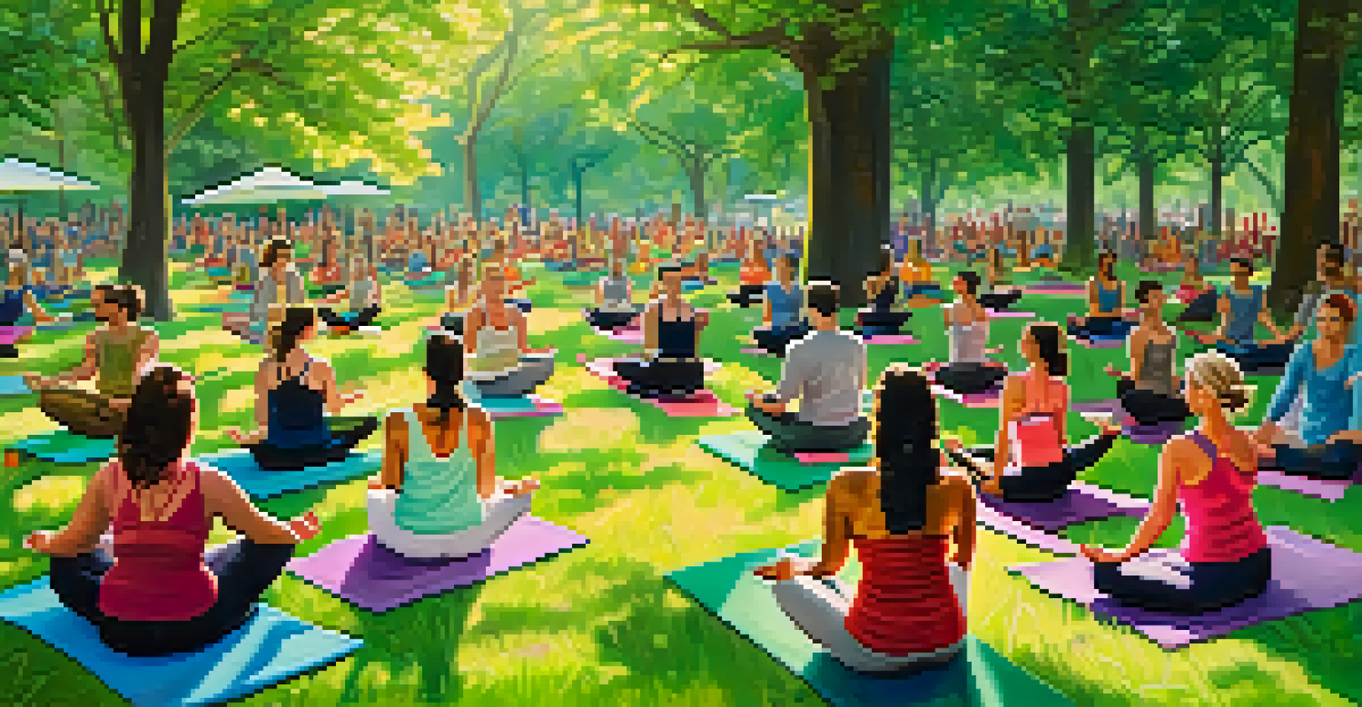A group of people practicing yoga in a sunny park, led by an enthusiastic instructor surrounded by greenery.