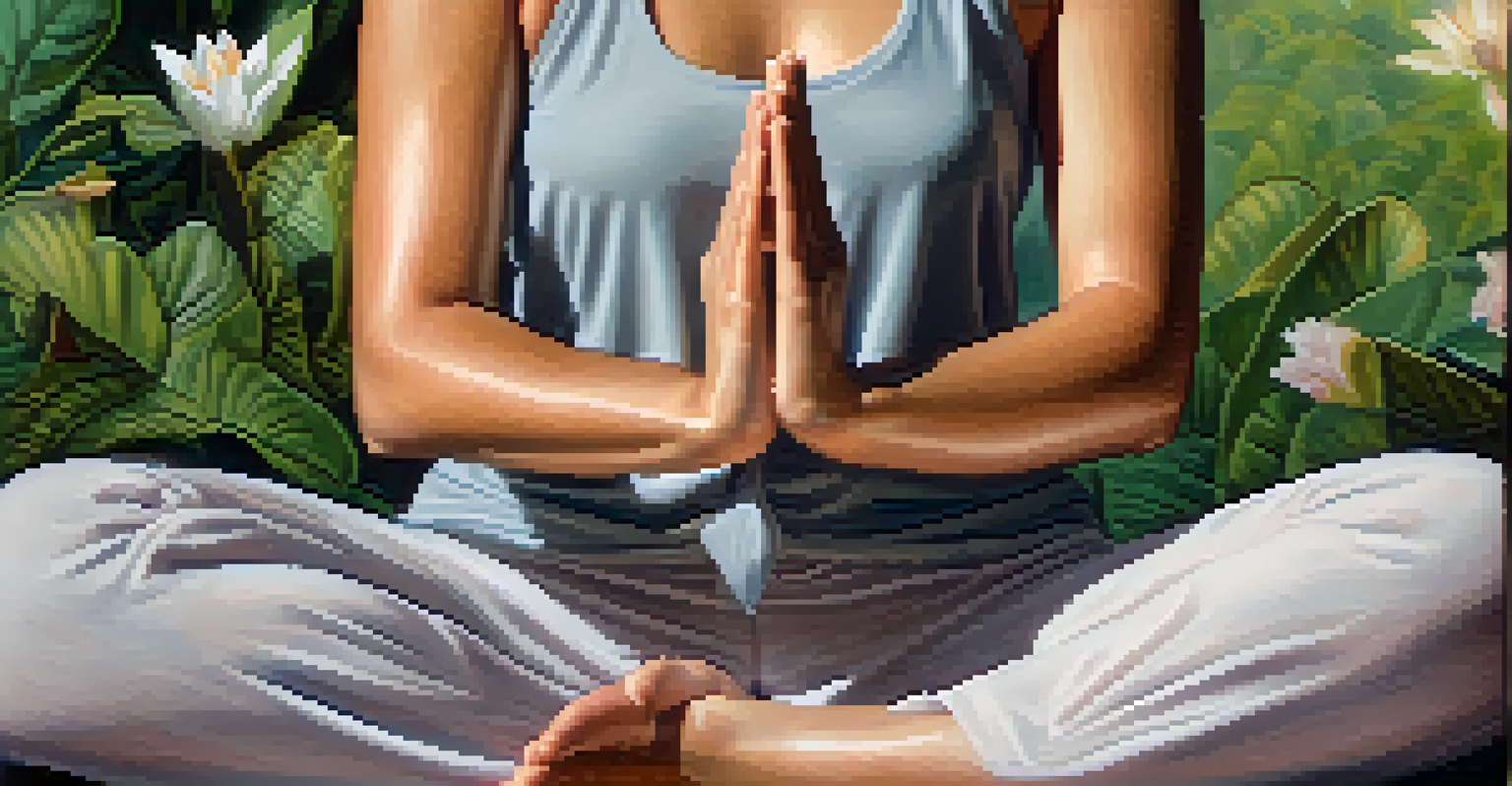 A close-up of hands in a mudra position during yoga, surrounded by a blurred natural background of leaves and flowers.